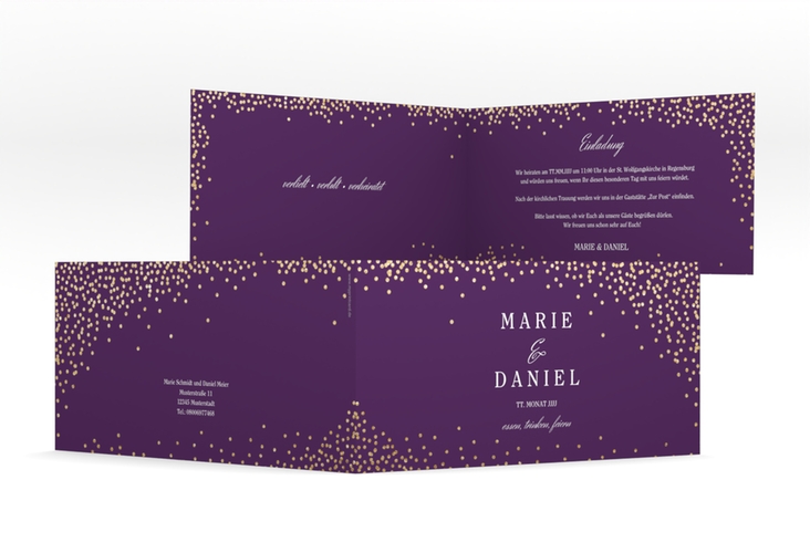 Hochzeitseinladung Glitter lange Klappkarte quer lila