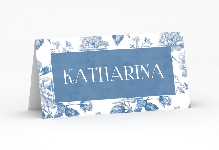 Tischkarte Hochzeit Blue Floral Tischkarten blau mit blauem Blumenmuster auf weißem Grund