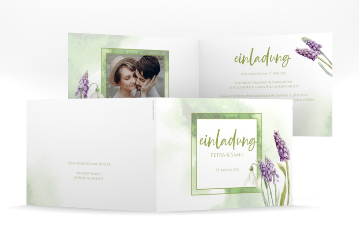 Hochzeitseinladung Frühling mittlere Klappkarte quer mit Frühlingsblumen in Aquarell