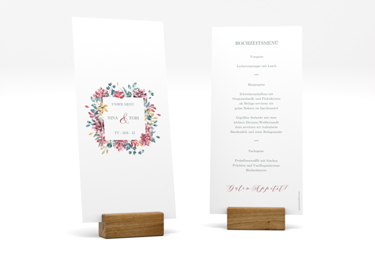Menükarte Hochzeit Blumenliebe lange Karte hoch hochglanz mit Rahmen aus bunten Blütenblättern