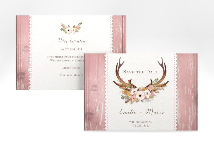 Save the Date-Karte Hochzeit Heimatjuwel A6 Karte quer rosa hochglanz mit Hirschgeweih und Holz-Hintergrund