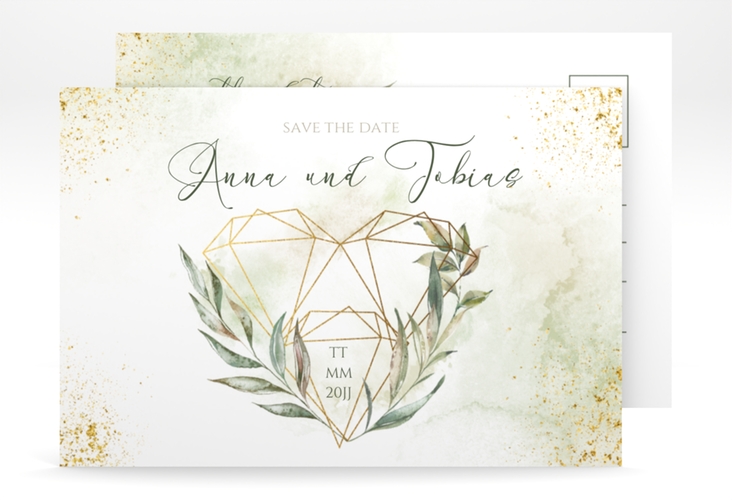 Save the Date-Postkarte Heartfelt A6 Postkarte weiss hochglanz mit Diamanten im Geometric Design