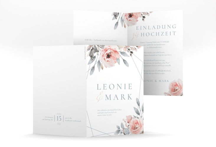 Einladungskarte Hochzeit Perfection A6 Klappkarte hoch weiss hochglanz mit rosa Rosen