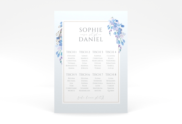 Sitzplan Poster Hochzeit Blauregen 50 x 70 cm Poster blau mit Wisteria-Blüten