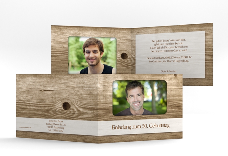 Einladungskarte Michael/Michaela A6 Klappkarte quer im rustikalen Holz-Design mit Foto