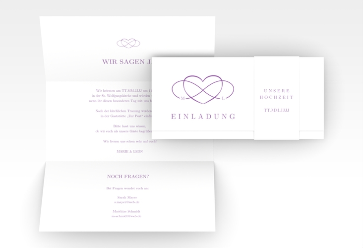 Hochzeitseinladung Infinity Wickelfalzkarte + Banderole lila