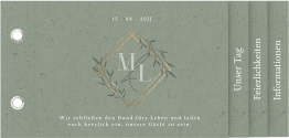 Hochzeitseinladung Greenletter Booklet gruen mit Initialen in elegantem Goldrahmen mit Blättern