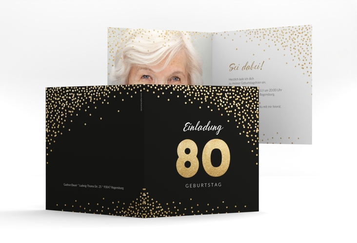 Einladung 80. Geburtstag Glitzer quadr. Klappkarte