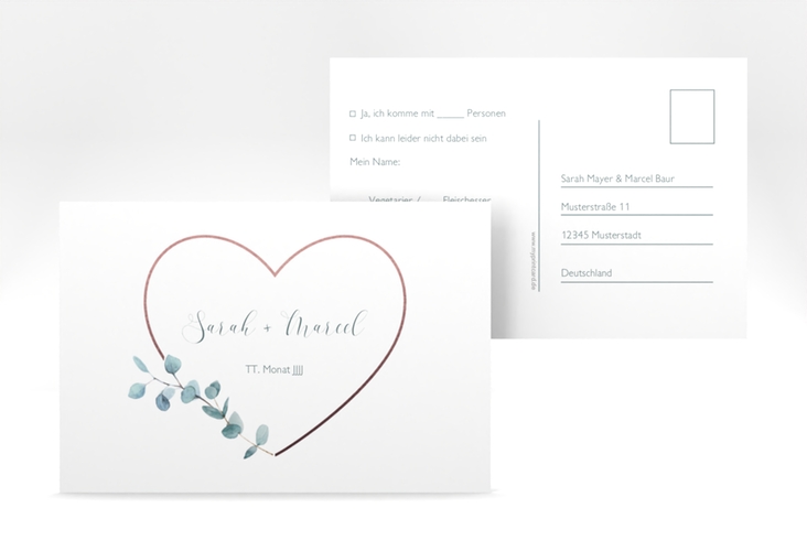 Antwortkarte Hochzeit Greenheart A6 Postkarte rosa hochglanz mit elegantem Herz und Eukalyptus-Zweig