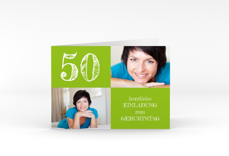 Einladung 50. Geburtstag Lebensfreude A6 Klappkarte quer gruen
