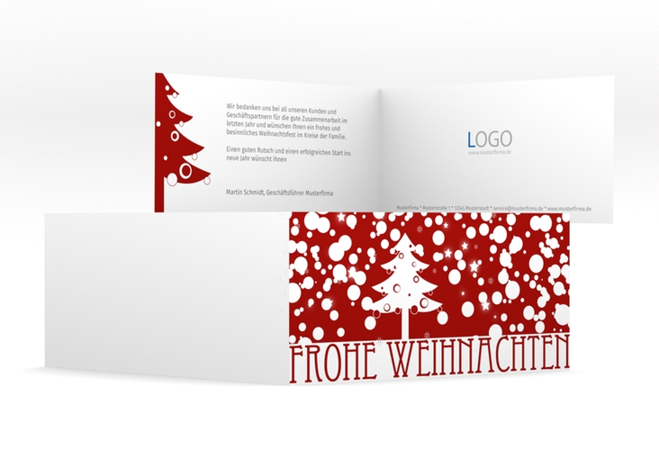 Business-Weihnachtskarte Schneeweiss lange Klappkarte quer rot hochglanz mit Art Déco Schriftzug und Winterlandschaft