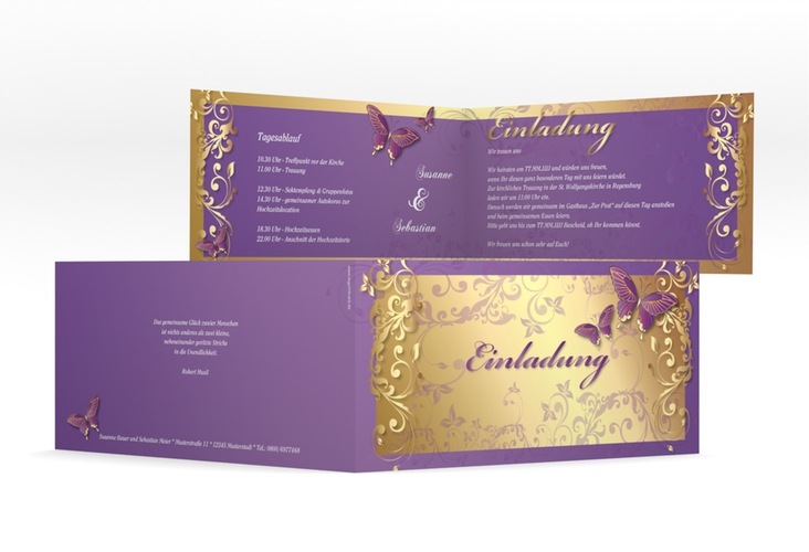 Hochzeitseinladung Toulouse lange Klappkarte quer lila hochglanz