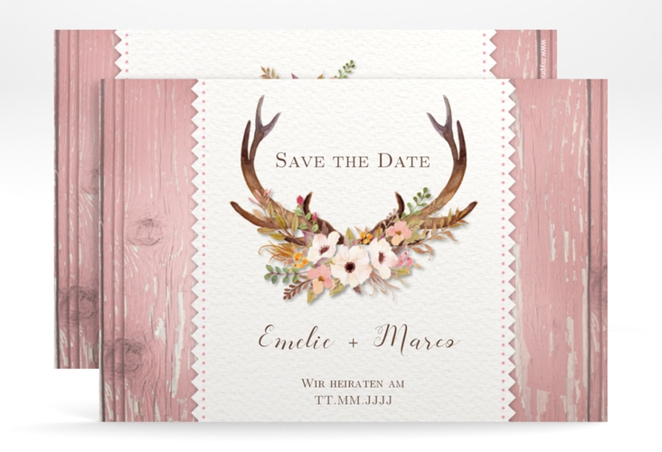 Save the Date-Karte Hochzeit Heimatjuwel A6 Karte quer rosa hochglanz mit Hirschgeweih und Holz-Hintergrund