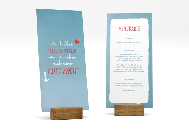 Menükarte Hochzeit Ehehafen lange Karte hoch blau
