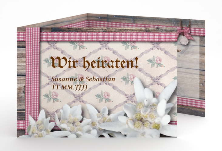 Einladungskarte Hochzeit Bayern A6 Doppel-Klappkarte rot mit Edelweiß in rustikaler Holz-Optik