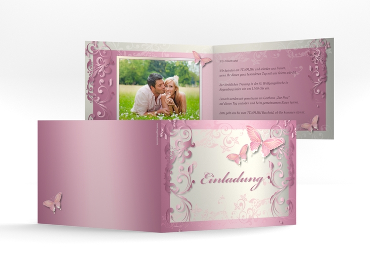 Hochzeitseinladung Toulouse A6 Klappkarte quer rosa mit Schmetterlingen und Schnörkeln