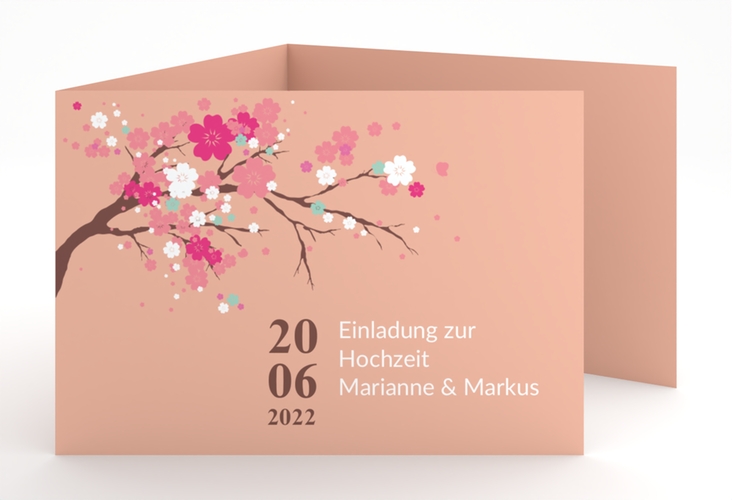 Hochzeitseinladung Sakura A6 Doppel-Klappkarte apricot hochglanz