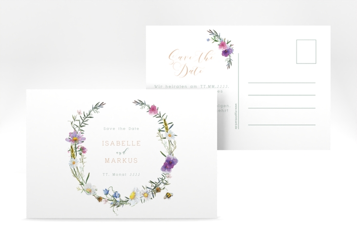 Save the Date-Postkarte Blumengarten A6 Postkarte mit Blumenkranz und Hummel