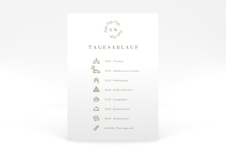 Tagesablauf Poster Hochzeit Filigrana 50 x 70 cm Poster gruen in reduziertem Design mit Initialen und zartem Blätterkranz