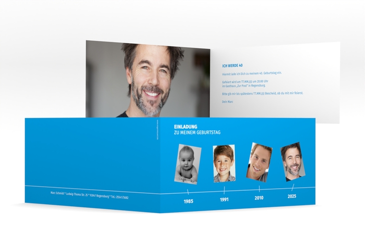 Einladung 40. Geburtstag Timeline lange Klappkarte quer blau