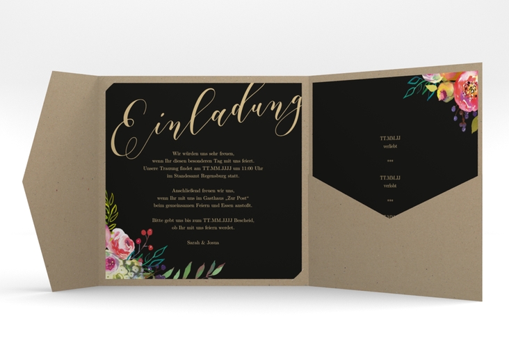 Hochzeitseinladung Flowerbomb Pocketfold schwarz