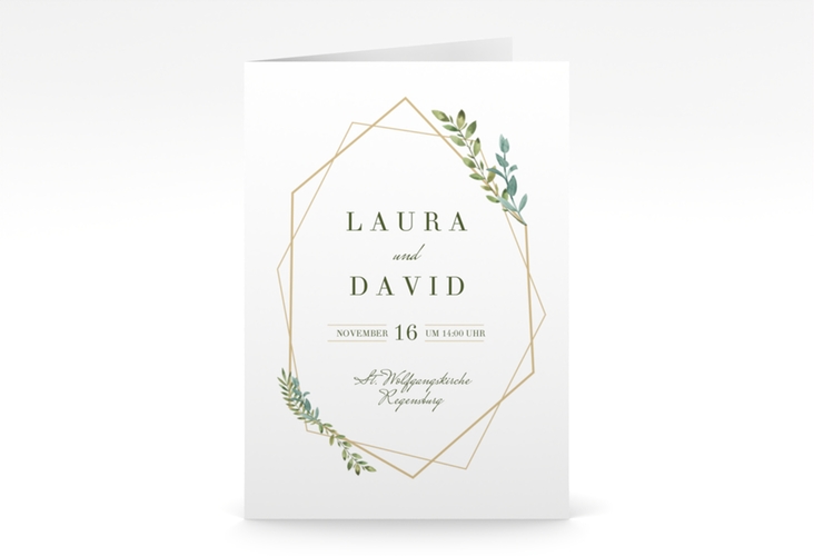 Einladungskarte Hochzeit Herbarium A6 Klappkarte hoch gold mit geometrischem Rahmen und Blätter-Dekor