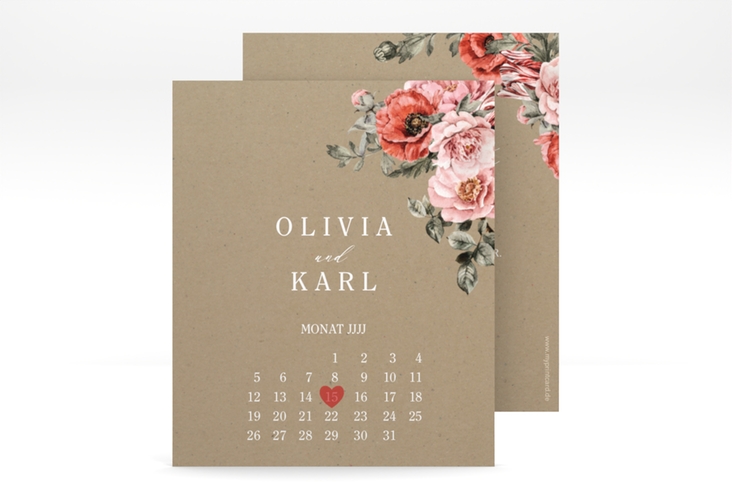 Save the Date-Kalenderblatt Grazioso Kalenderblatt-Karte Kraftpapier hochglanz modern mit Mohnblumen und Rosen