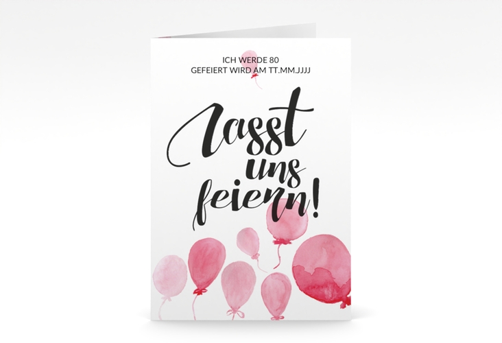 Einladung 80. Geburtstag Ballon A6 Klappkarte hoch rot mit Luftballons im Aquarell-Design