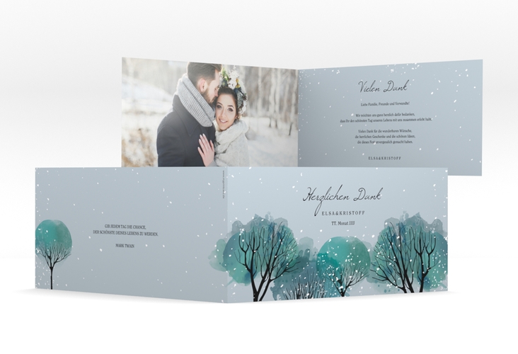 Dankeskarte Hochzeit Winterhochzeit lange Klappkarte quer blau hochglanz