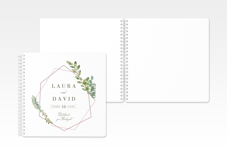 Gästebuch Hochzeit Herbarium Ringbindung rosa mit geometrischem Rahmen und Blätter-Dekor