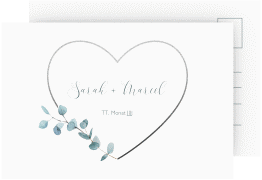Klick: Details zu Verlobungskarte Hochzeit "Greenheart" anzeigen Verlobungskarte Hochzeit Greenheart A6 Postkarte grau mit elegantem Herz und Eukalyptus-Zweig