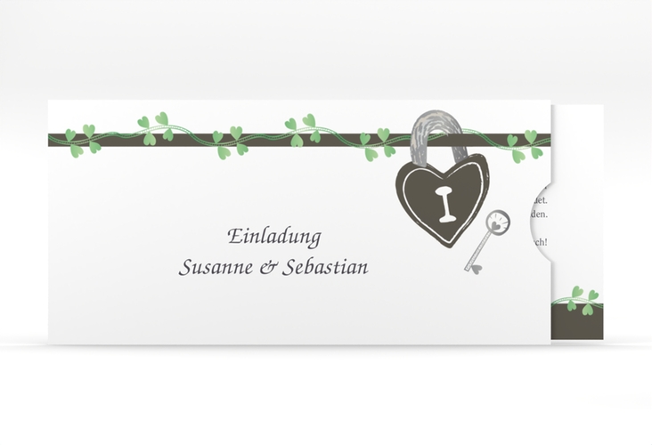 Hochzeitseinladung Oviedo Einsteckkarte gruen hochglanz mit Liebesschloss und Herzen
