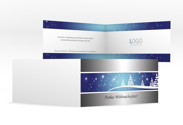 Business-Weihnachtskarte Winterlich lange Klappkarte quer blau
