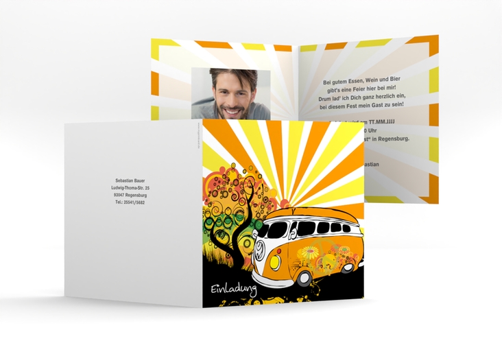Einladung Geburtstag Heiko/Heike quadr. Klappkarte im Retro-Design mit Hippie-Bus