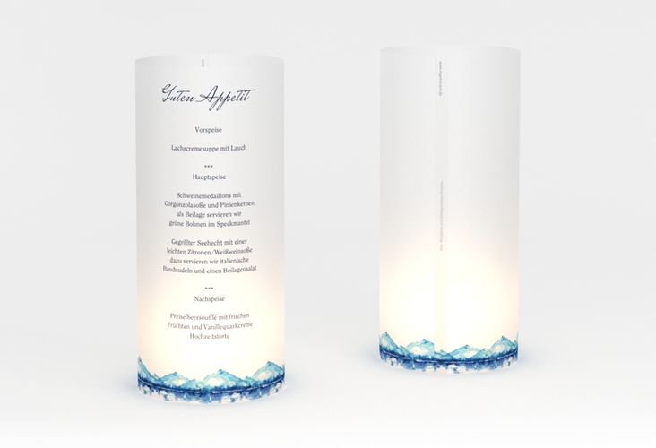 Windlicht Menü Hochzeit Bergliebe Windlicht blau hochglanz mit Gebirgspanorama für Berghochzeit