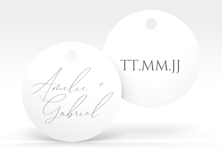 Geschenkanhänger Hochzeit Federschrift Geschenkanhänger, rund weiss in schlichtem Design mit Kalligrafie
