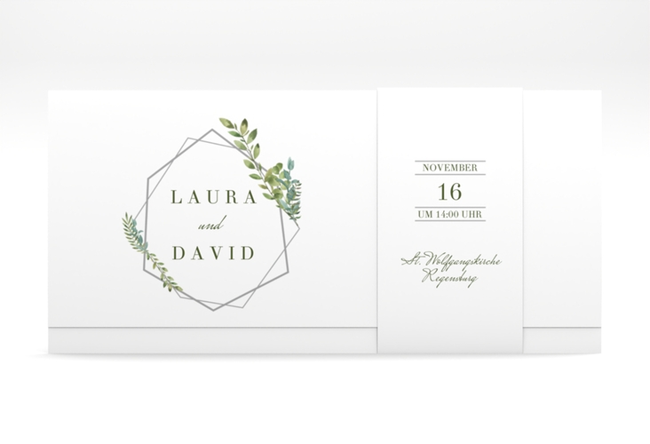 Hochzeitseinladung Herbarium Wickelfalzkarte + Banderole grau mit geometrischem Rahmen und Blätter-Dekor