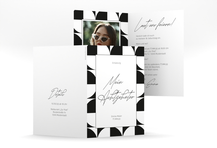 Einladung Geburtstag Schwarzweiss A6 Klappkarte hoch hochglanz