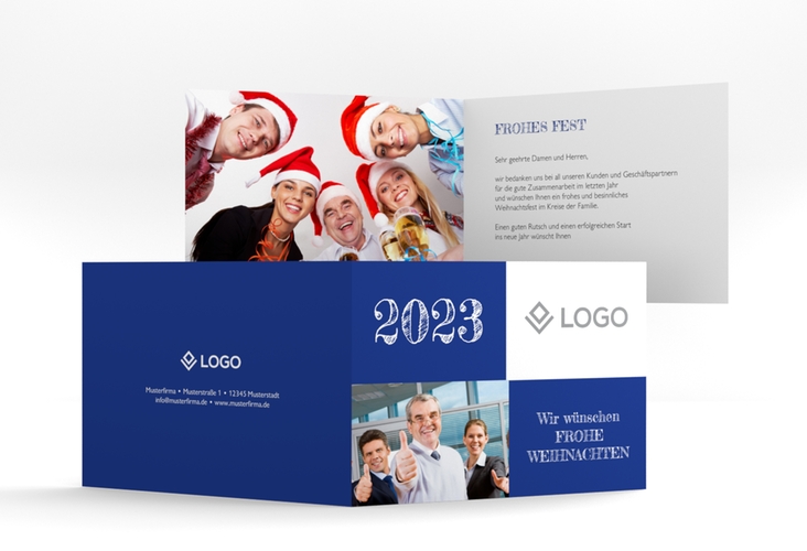 Geschäftliche Weihnachtskarte Partner A6 Klappkarte quer blau hochglanz modern mit Logo Ihrer Firma