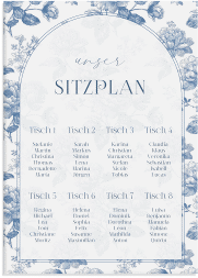 Sitzplan Leinwand Hochzeit Blue Floral 50 x 70 cm Leinwand weiss mit blauem Blumenmuster auf weißem Grund