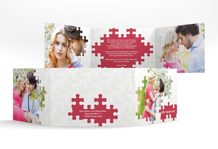 Hochzeitseinladung Puzzle A6 Doppel-Klappkarte rot hochglanz