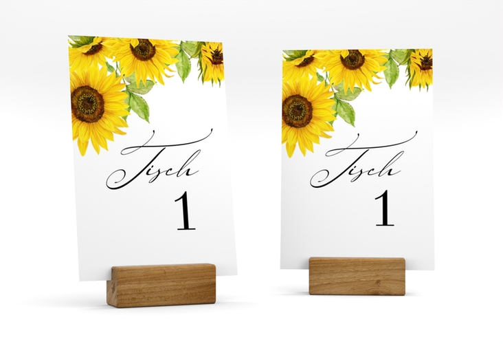 Tischnummer Hochzeit Sonnenblume Tischaufsteller weiss hochglanz
