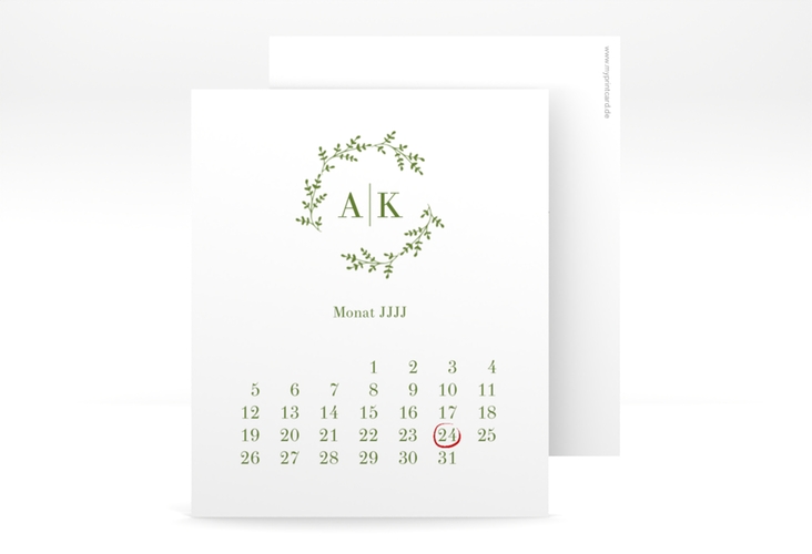 Save the Date-Kalenderblatt Filigrana Kalenderblatt-Karte gruen hochglanz in reduziertem Design mit Initialen und zartem Blätterkranz