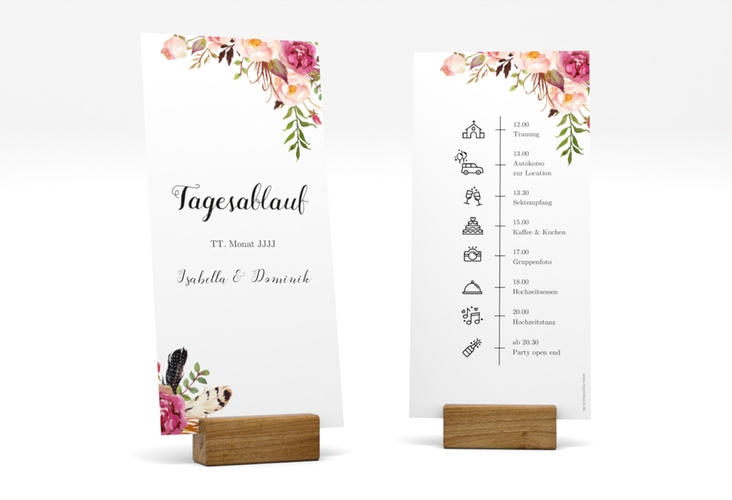 Tagesablauf Hochzeit Flowers lange Karte hoch weiss mit bunten Aquarell-Blumen