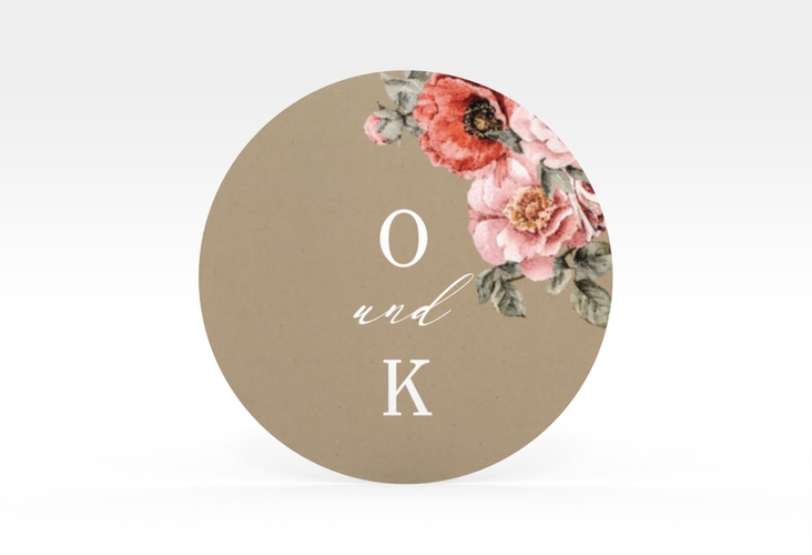 Aufkleber Hochzeit Grazioso Aufkleber, selbstklebend, rund Kraftpapier modern mit Mohnblumen und Rosen