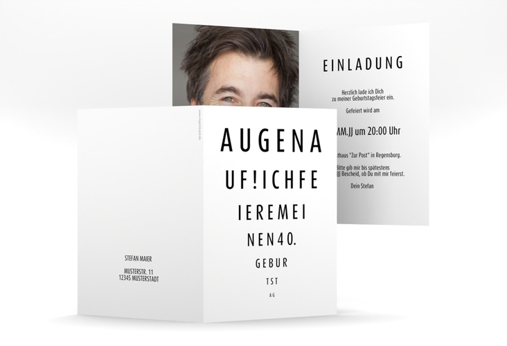 Einladung 40. Geburtstag Sehtest A6 Klappkarte hoch weiss
