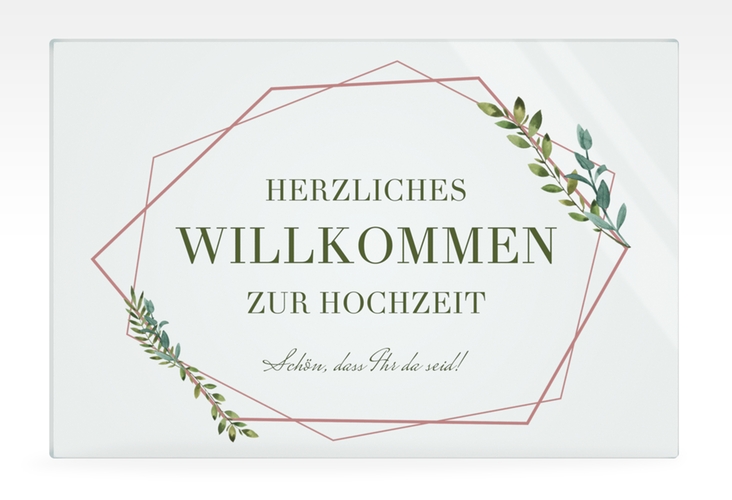 Willkommensschild Acryl Herbarium 60 x 40 cm Acryl rosa mit geometrischem Rahmen und Blätter-Dekor