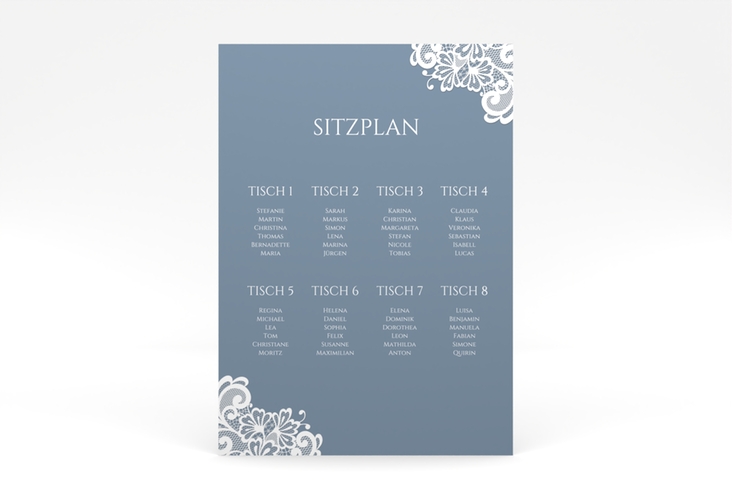 Sitzplan Poster Hochzeit Vintage 50 x 70 cm Poster blau mit floraler Spitze