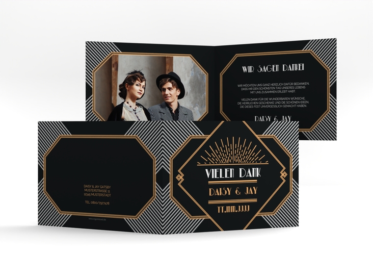 Danksagungskarte Hochzeit Gatsby A6 Klappkarte quer schwarz im 20er-Jahre-Stil