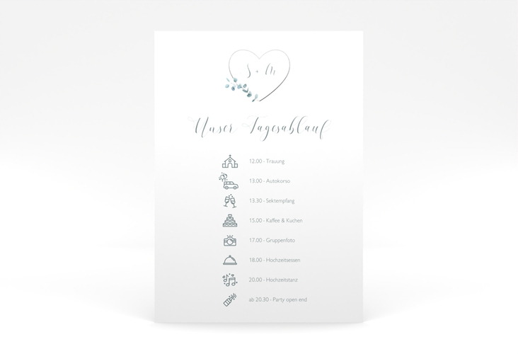 Tagesablauf Poster Hochzeit Greenheart 50 x 70 cm Poster grau mit elegantem Herz und Eukalyptus-Zweig